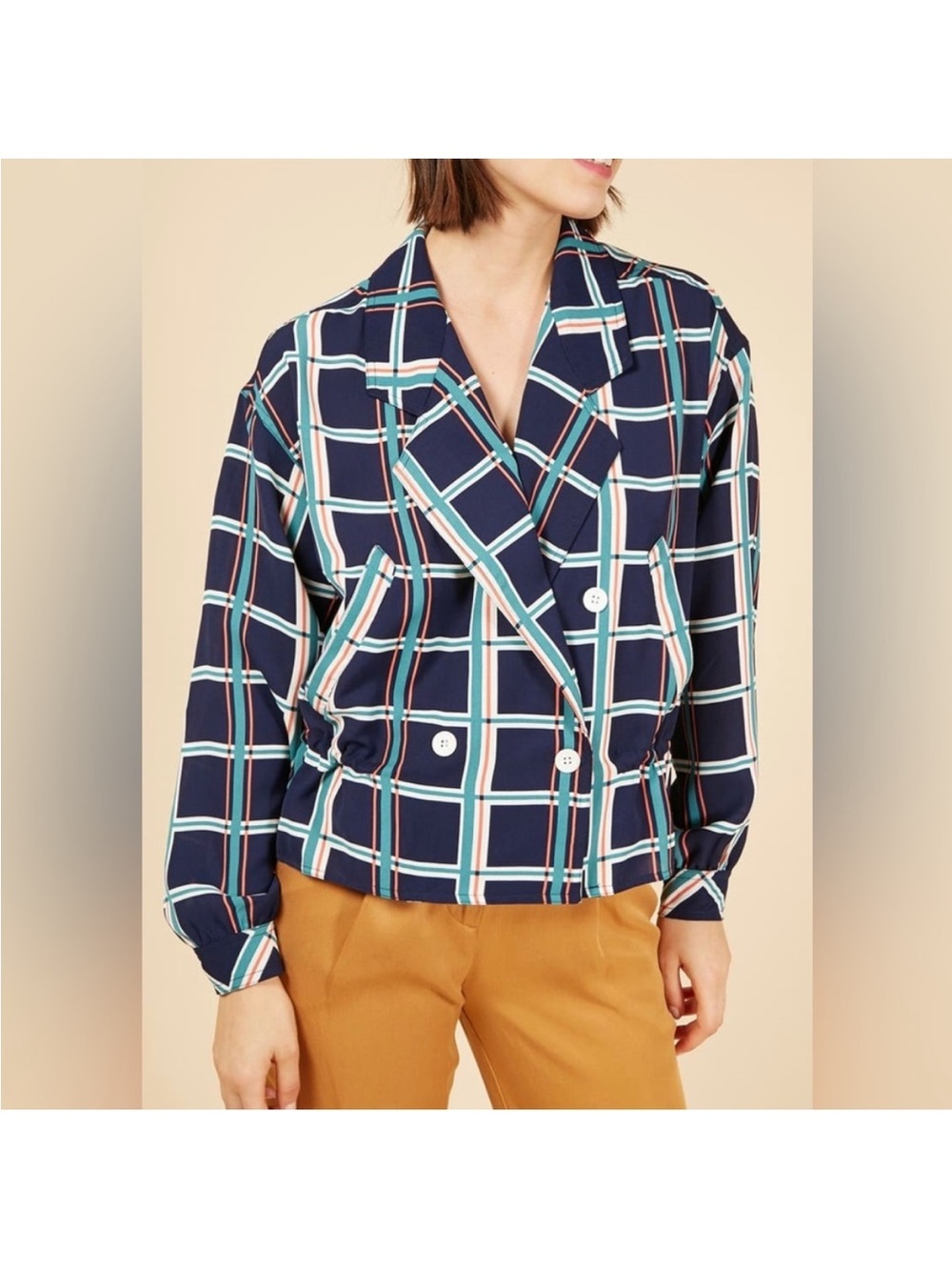 *FLAWED* FRNCH Windowpane Print Double-Breasted Jacket Size M/L